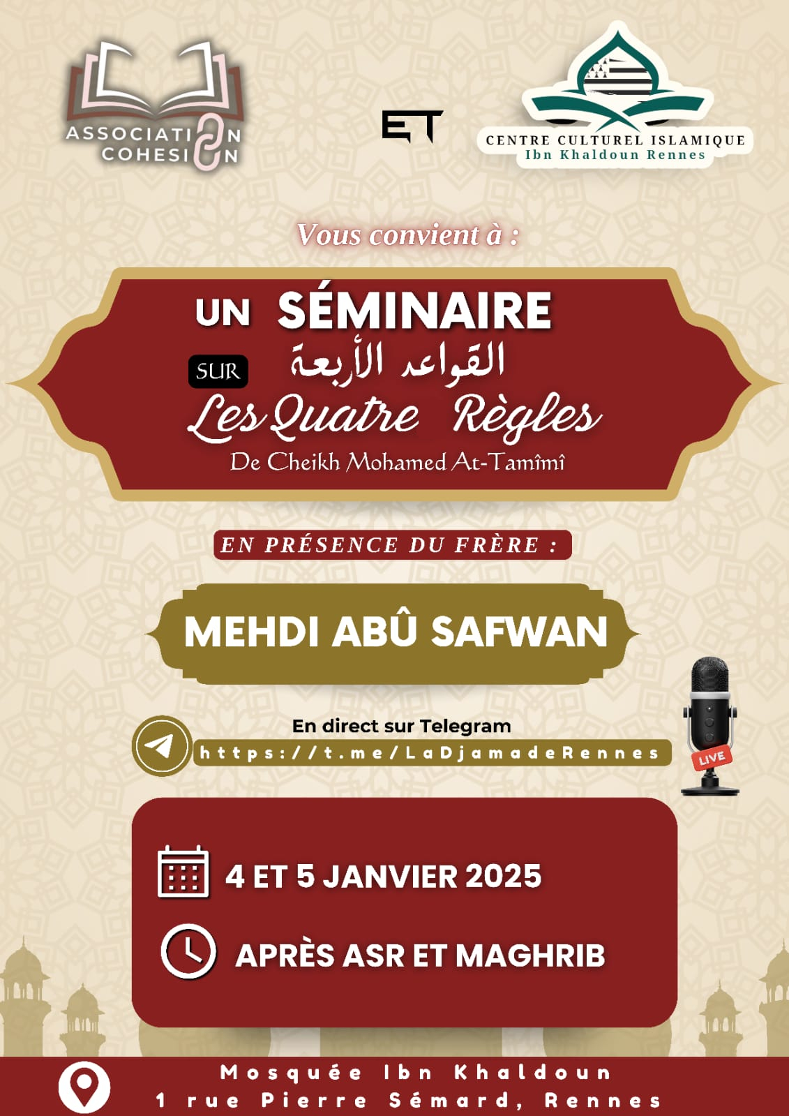 Séminaire : Les quatre règles du Cheikh Mohamed At-Tamîmî